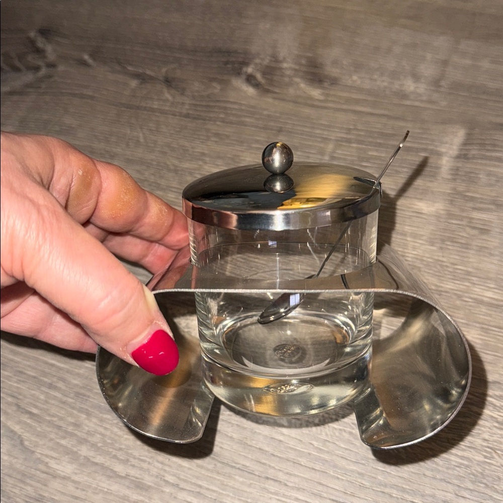 Stainless Steel and Glass Sugar Bowl with Lid and Spoon